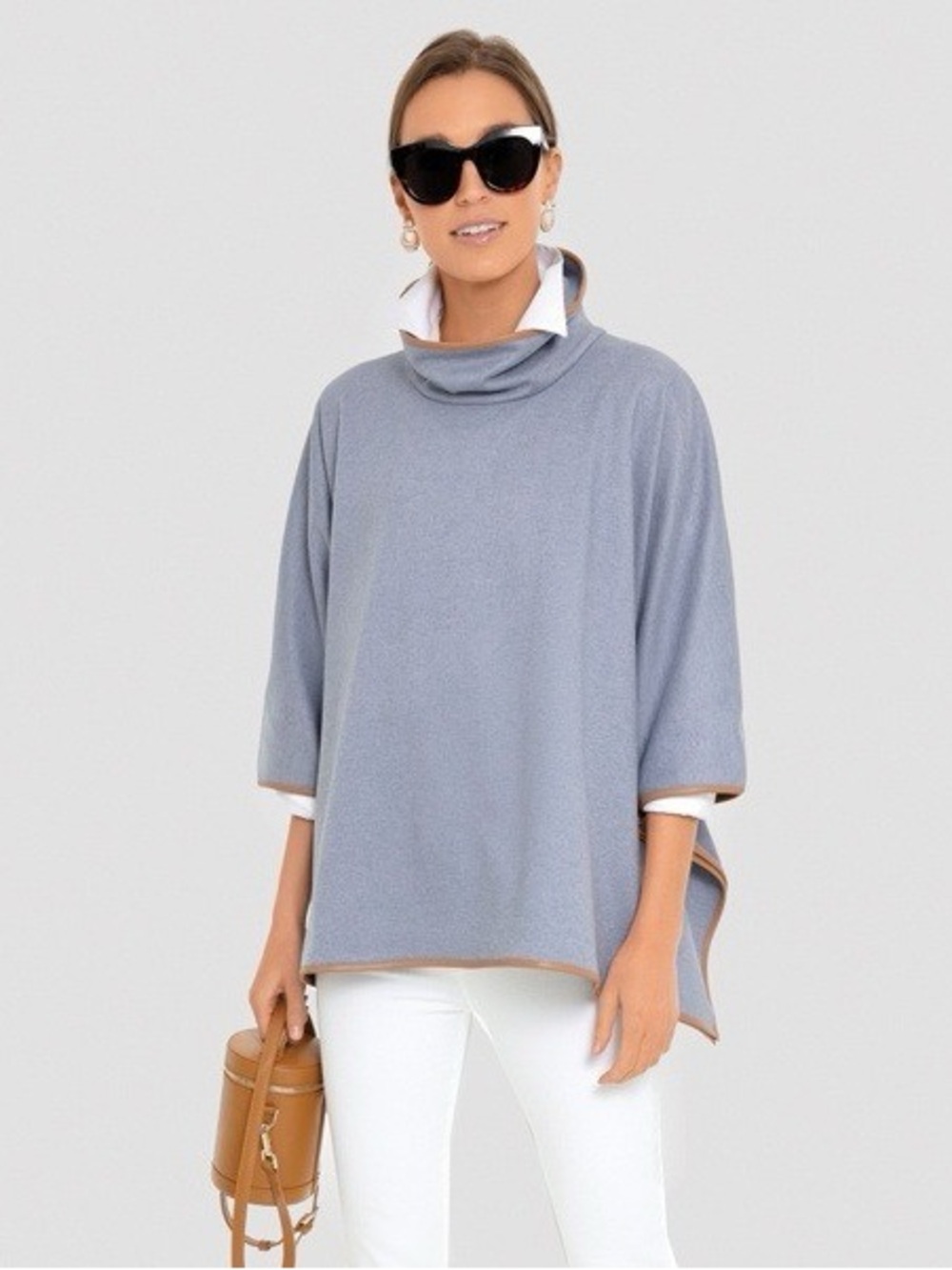Tuckernuck Piper Poncho Dusty Blue Leather Trim Funnel Neck Women's One Size